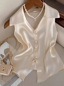 SHEIN Frenchy ملابس علوية كاجوال أنيقة للنساء ذات ياقة مقلوبة وأزرار أمامية منفردة، لون أحادي للصيف - لون مشمشي - مشاهدة 8
