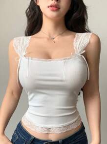 DAZY Lace Trimmed Self-Tie Slim Fit Sleeveless Camisole Top For Women Going Out Tops Summer