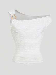 Chiquease Blusa de punto jacquard con decoración metálica y un solo hombro, elegante y de moda para mujer - Blanco - Ver 1