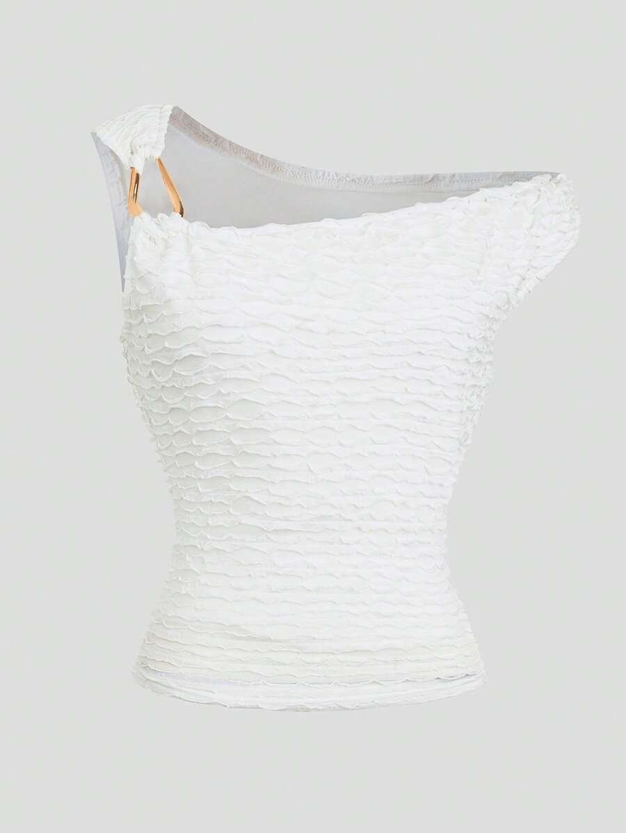 Chiquease Blusa de punto jacquard con decoración metálica y un solo hombro, elegante y de moda para mujer - Blanco - Ver 1