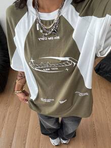 Coolane Camiseta de manga raglán con estampado de motocicleta de carreras y bloque de color, estilo callejero oversized para mujer - Verde militar - Ver 5