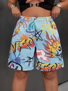SHEIN ICON Plus Size High Waist Loose Printed Denim Shorts - Multicolor - View 6