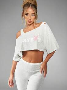 Missguided x Playboy Bộ đồ thể thao hở vai phối hợp quần dài tập luyện bộ đồ hai mảnh đồ thể thao đồ mặc nhà đồ mặc nhà đường phố - Màu Xám nhạt - Xem 4