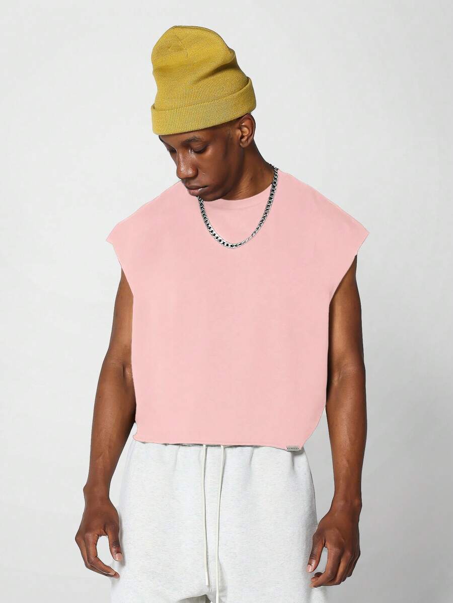 SUMWON Raw Edge Sleeveless Cropped Cotton Tank Top Summer Athletic Workout Muscle Shirt Streetwear Boxy Fitness Training Festival Wear - Pink - View 1