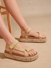 SHUZIA 畅销女式可调节绑带露趾拉菲草帆布鞋厚底鞋床拉菲草通用凉鞋 - 休闲、时尚、舒适