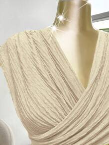 Sweetra 大码女式镂空荷叶边交叉 V 领沙滩裙，时尚设计，春夏新品 - 杏色 - 查看 7