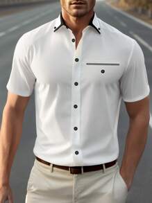 Manfinity Mode 白色短袖百搭商务衬衫，采用独特的撞色领设计，简洁优雅，适合正式场合或休闲场合男士修身衬衫漂亮休闲修身男士休闲正装衬衫男士衬衫漂亮男士衬衫衬衫休闲修身男士休闲正装衬衫男士衬衫 - 白色 - 查看 3