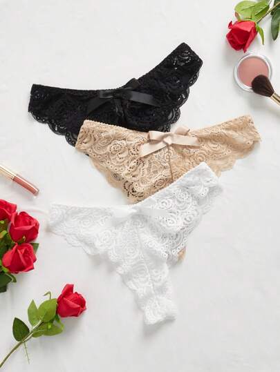 SHEIN 3pcs/Set Women Lace Bow Decor Sexy Underwear