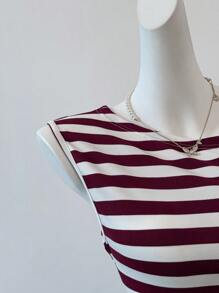 INAWLY Áo thun tay ngắn in họa tiết sọc thường ngày cho nữ mùa hè - Đỏ và trắng - Xem 5