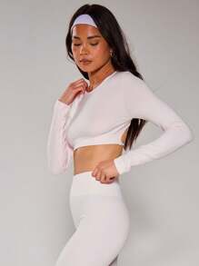 Musera Sport 交叉后背短款长袖健身上衣，适合板网球、网球、匹克球等健身运动