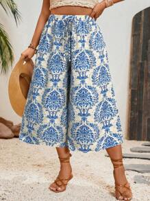 SHEIN VCAY 大码女式度假系带腰身印花阔腿七分裤 - 藍白色 - 查看 6