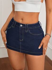 SHEIN ICON 女款水洗牛仔迷你裙，带可见缝线设计 - 深色水洗藍 - 查看 3