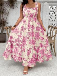 SHEIN Clasi Plus Size Women Pink Floral Print Ruffle Hem Spaghetti Strap Adjustable Bust A-Line Maxi Dress,Summer Boho Vacation Holiday Casual Sun Dress Outfit - Hot Pink - View 1