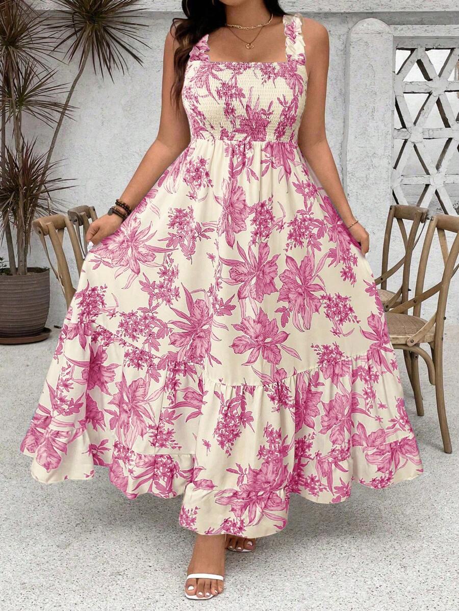 SHEIN Clasi Plus Size Women Pink Floral Print Ruffle Hem Spaghetti Strap Adjustable Bust A-Line Maxi Dress,Summer Boho Vacation Holiday Casual Sun Dress Outfit - Hot Pink - View 1
