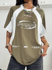 Coolane Camiseta de manga raglán con estampado de motocicleta de carreras y bloque de color, estilo callejero oversized para mujer - Verde militar - Ver 3