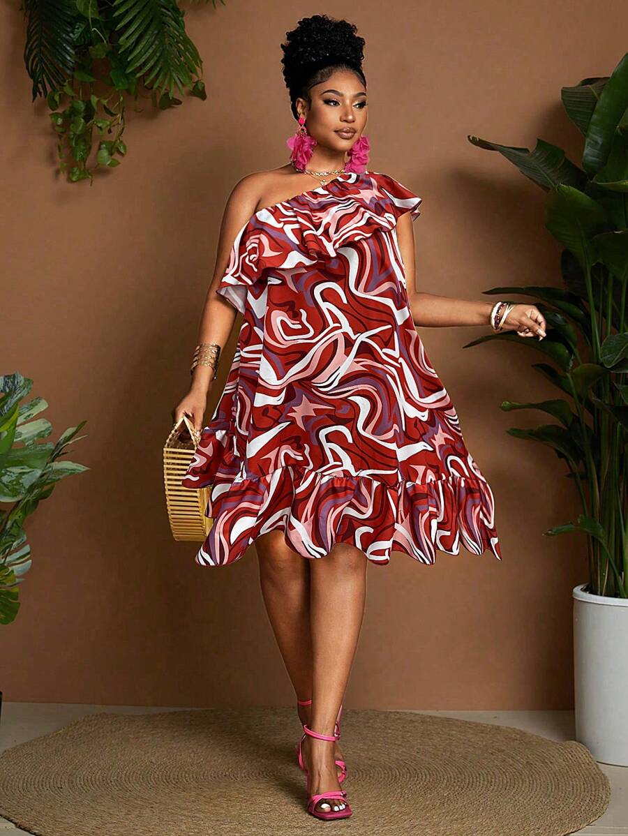 Maweii Plus Size Women Striped Print Ruffle Trim Asymmetrical Shoulder Sleeveless A-Line Dress - Multicolor - View 1