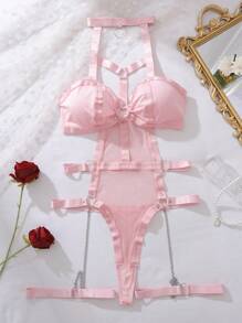 Bộ đồ lót bằng lưới có dây nối vòng với 1 đôi vòng chân, đồ lót - Hồng - Xem 6