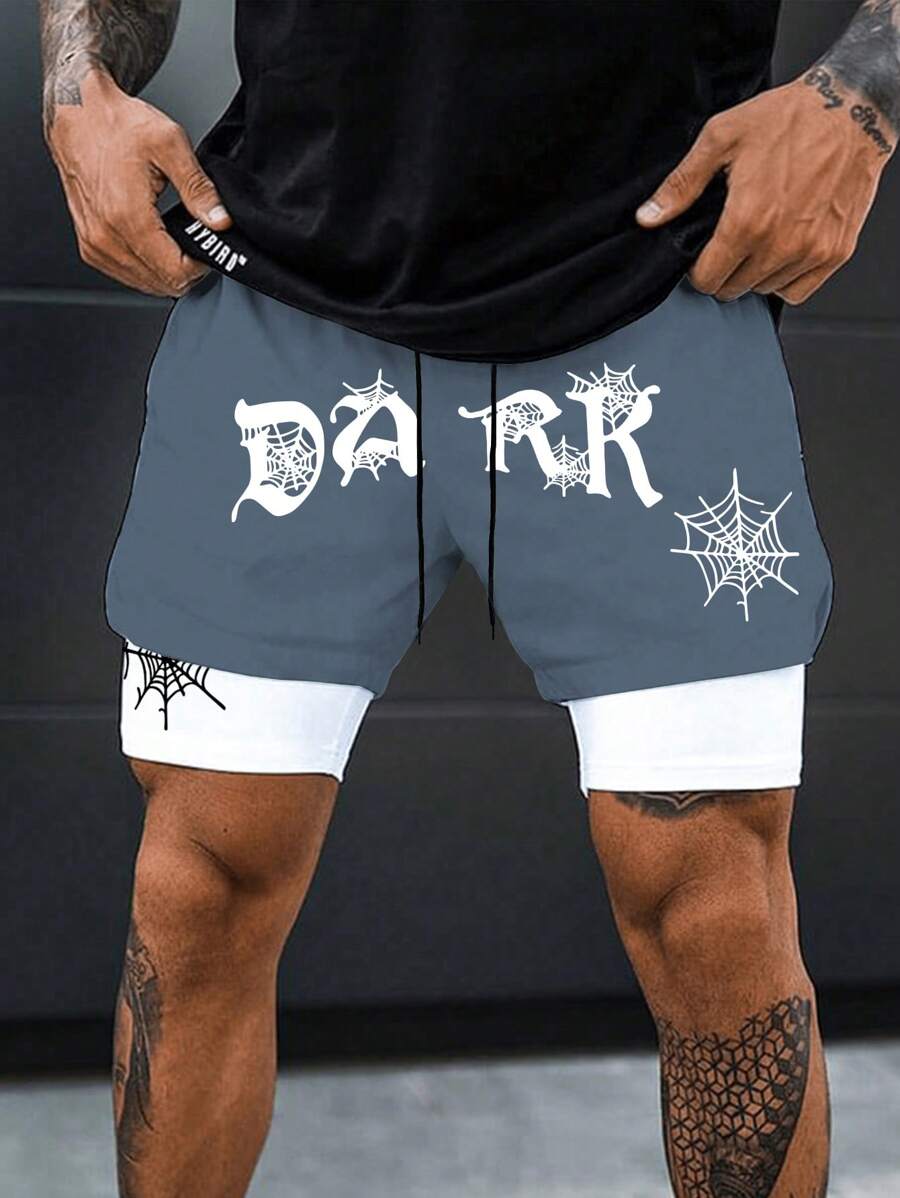 Gym Rark 男士撞色蜘蛛网和字母印花抽绳腰运动短裤骑行短裤跑步短裤 - 彩色 - 查看 1