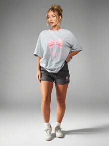 Missguided x Playboy 超大蝴蝶结设计 T 恤，复古美感运动休闲装，休闲运动图案短袖，自 1953 年起印有标志的街头服饰