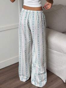 Aloruh بنطلون منزلي مريح كاجوال بطباعة كرتونية جميلة، بنمط شريطي فقاعي' - أخضر - مشاهدة 3