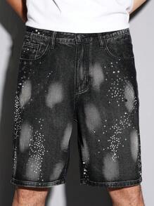 Manfinity Homme Pantalones cortos de mezclilla casuales holgados para hombres con bolsillos y rhinestones - Gris Oscuro - Ver 6