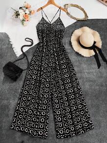 INAWLY 女式复古几何印花休闲宽松度假阔腿连体裤，夏季演唱会服装 - 黑色 - 查看 2
