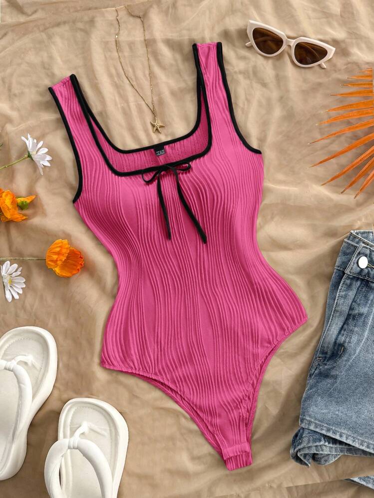 Soleia New Tie-Up Bow Knot Elegant Contrast Color Bodysuit, Casual & Versatile - Hot Pink - View 1