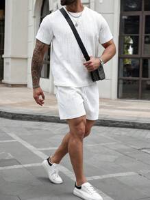 Manfinity Homme Plus Size Men Round Neck Short Sleeve Casual Solid T-Shirt And Drawstring Waist Shorts 2-Piece Set - Khaki - View 4