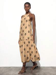 Maija 女士优雅花卉刺绣露背连衣裙，时尚假日休闲连衣裙设计，适合夏秋季女性 - 杏色 - 查看 3