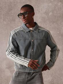 SUMWON Striped Denim Trucker Jacket Retro Throwback Style Classic Distressed Side Stripe Modern Casual Outerwear Chic Street Fashion - Blue - View 1