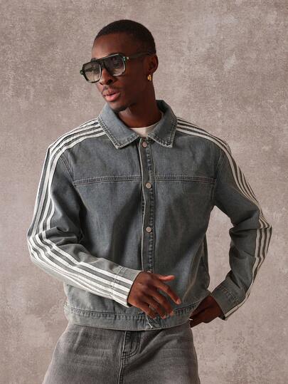 SUMWON Chaqueta de jean a rayas de estilo camionero retro, con rayas laterales, diseño moderno y casual, chic y de moda callejera