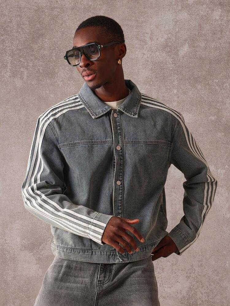 Retro Style Classic Distressed Striped Denim Trucker Jacket