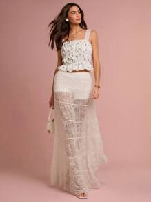 Camiseta de tirantes de mujer con estampado floral diminuto, encaje de contraste y volantes - Azul - Ver 3