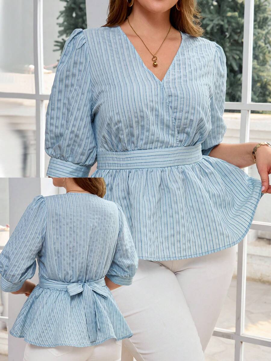 SHEIN Clasi Plus Size Elegant Solid Color Puff Sleeve Criss-Cross V-Neck Tied Waist A-Line Women Blouse,Mother's Day,Graduation,Summer Tops,Work,Wedding Guest,Business Casual Woman,Summer Tops - Baby Blue - View 1