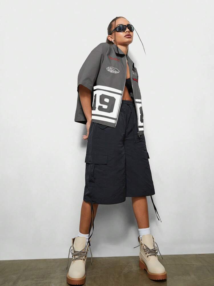 SUMWON WOMEN Racing Graphic Varsity Zip Up Blouse