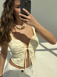 Aloruh New Arrival Spring/Summer Resort Lace-Up Textured White Blouse For Women - White - View 1