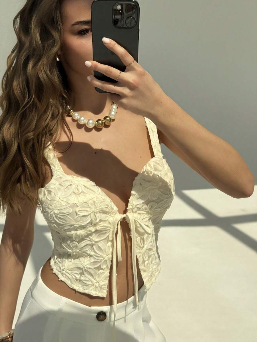 Aloruh New Arrival Spring/Summer Resort Lace-Up Textured White Blouse For Women - White - View 1