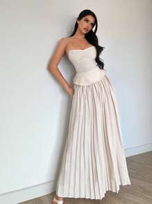 Firerie Summer Women's 2-Piece Set Elegant Off-White Waist Cinched Bandeau Top And Mesh Midi Skirt,Formal Wedding Guest Dress,Resort Outfits For Party,Office - Apricot - View 7