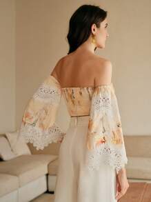 Anewsta Camicetta corta da donna con scollo a spalle scoperte, in pizzo e pannelli, moda, estiva, per festival, elegante, per vacanze, casual, di classe, adatta anche per la spiaggia