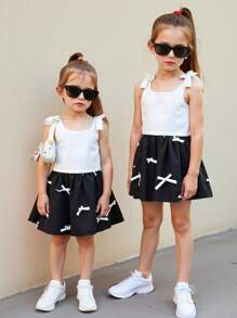 2 Stücke/Set Gestricktes Einfarbig Tank Top für Kleine Mädchen mit gewobener Blumen-Tüllrock