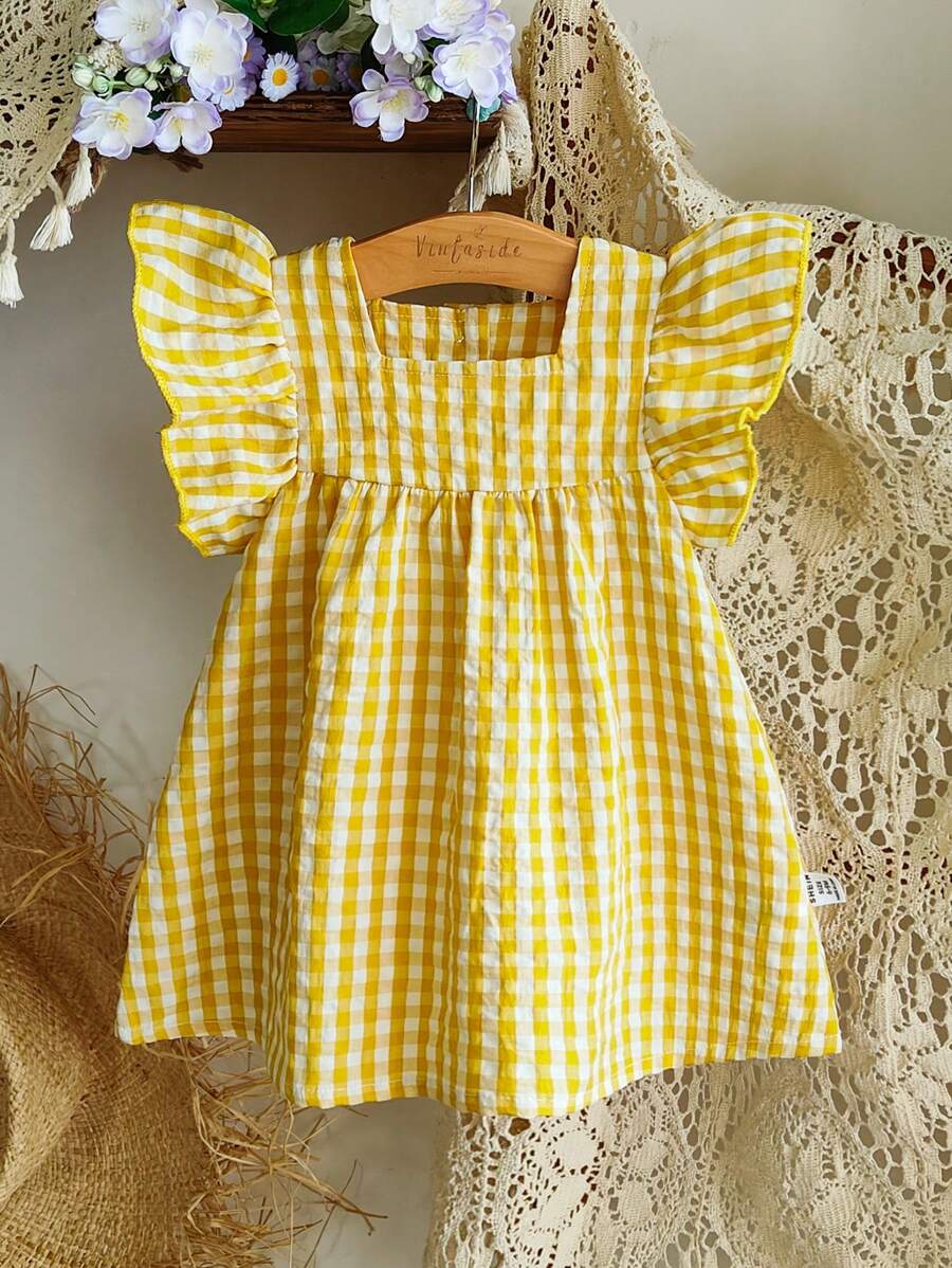 SHEIN Vintaside Kids Baby Girls' Summer Green Plaid Cap Sleeve Casual Dress, Countryside Style, Floral Print, Lightweight, Suitable For Outdoor, Homewear, Casual Parties