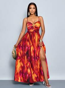 SOLERSUN 性感热带印花露背沙滩裙，高开衩，金色海星装饰，度假吊带背心（随机花卉） - 橘色 - 查看 4