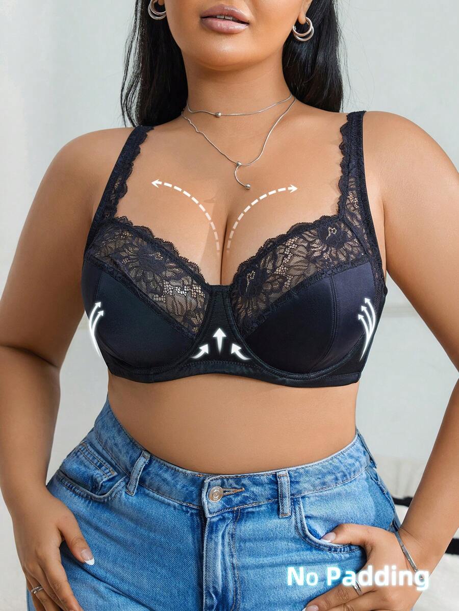 1pc Plus Size Supportive Wireless Lace Patchwork Comfortable Bra For Large Bust - Black - View 1