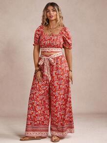 SHEIN VCAY Conjunto de 2 piezas de camisa corta de manga raglán con estampado floral y pantalones de pierna ancha para mujer de talla grande