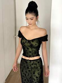 DAZY Set de 2 piezas - Conjunto de top corto y falda mini de encaje calado de colores contrastantes, verano negro para mujer - Negro - Ver 2