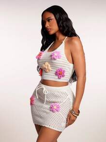 SHEIN SXY 2 piezas Conjunto de top halter de malla hueca con decoración floral 3D colorida y falda lápiz de punto para mujer en otoño/invierno - Multicolor - Ver 5