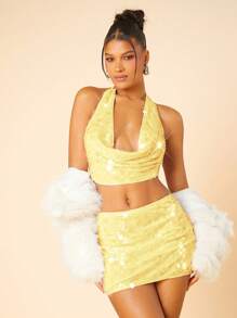 Hauture Váy dự tiệc xếp ly đính sequin màu trơn thanh lịch cho nữ - Màu vàng - Xem 4