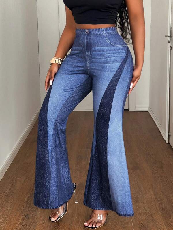 Maweii Plus Size Women Denim Effect Printed Flare Pants