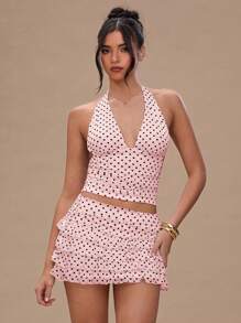 SHEIN BAE 女士波点印花层叠荷叶边短裙，波西米亚风服装