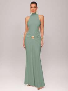 Silquee 女士优雅派对长袖高领性感露背连衣裙，带金属扣装饰，酒红色，安克尔红色，弹力针织面料，超长鸡尾酒会，浪漫约会，秋冬针织长裙，适合鸡尾酒会、婚礼、伴娘、正式活动、万圣节、圣诞节 - 薄荷綠 - 查看 6